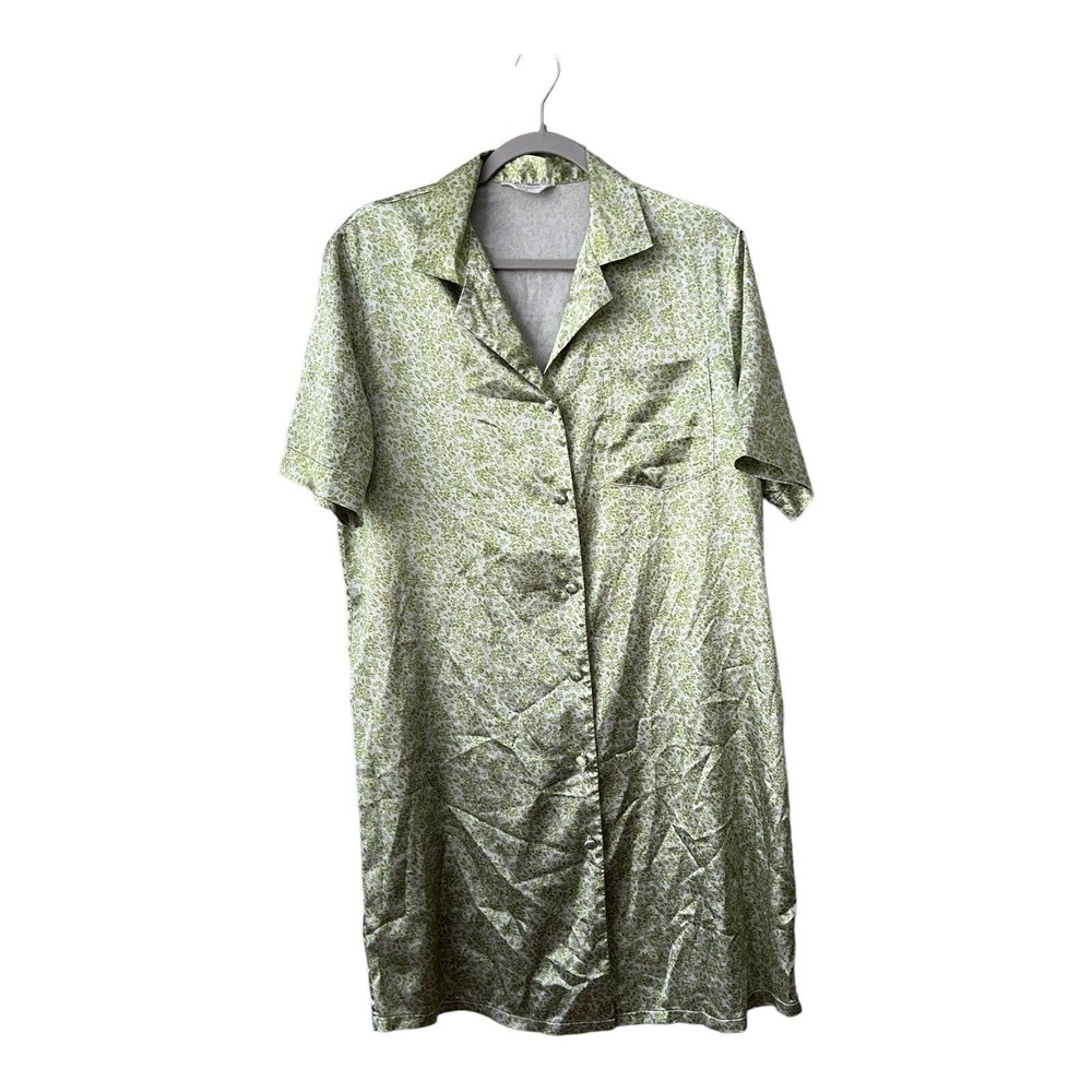 Guy Laroche Pajamas Womens Medium Satin Night Shirt Short Sleeve Collared Green